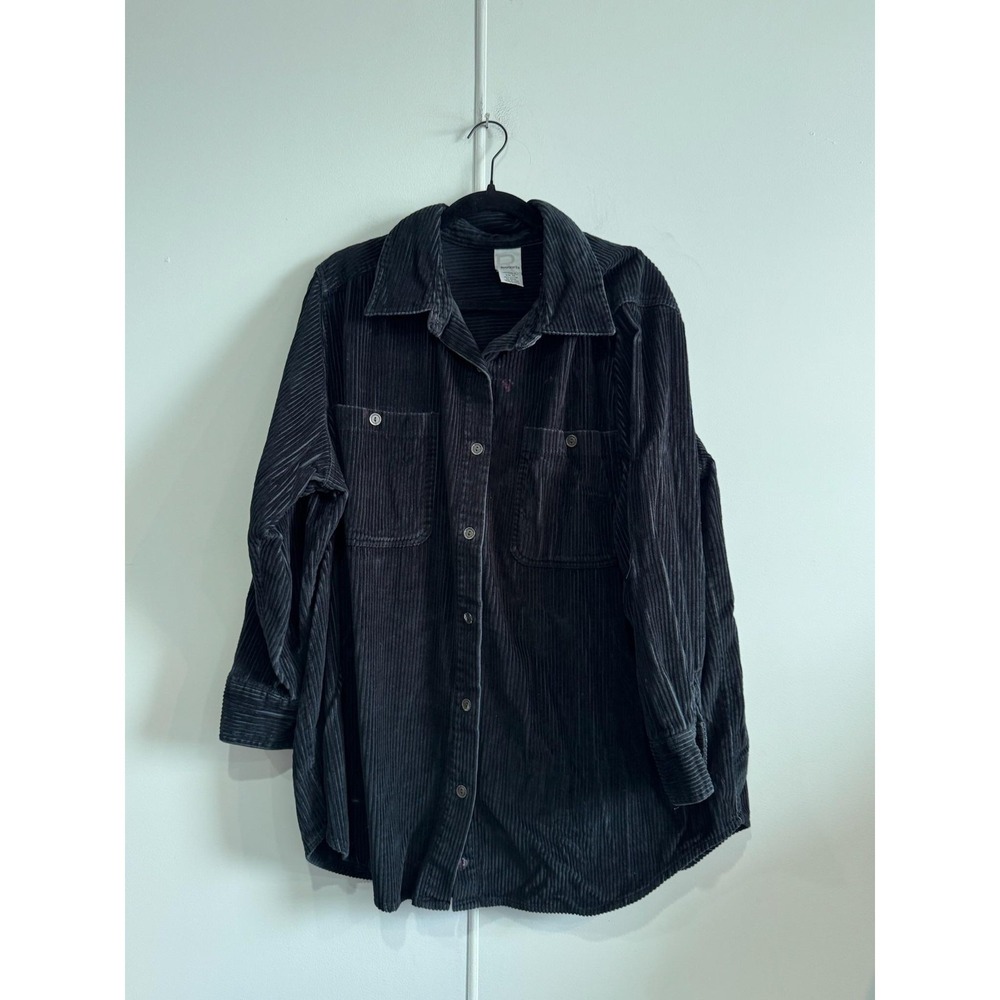 VTG Roaman's Shirt Womens 1X Black‎ Corduroy Button Up Long Sleeve Top Pockets